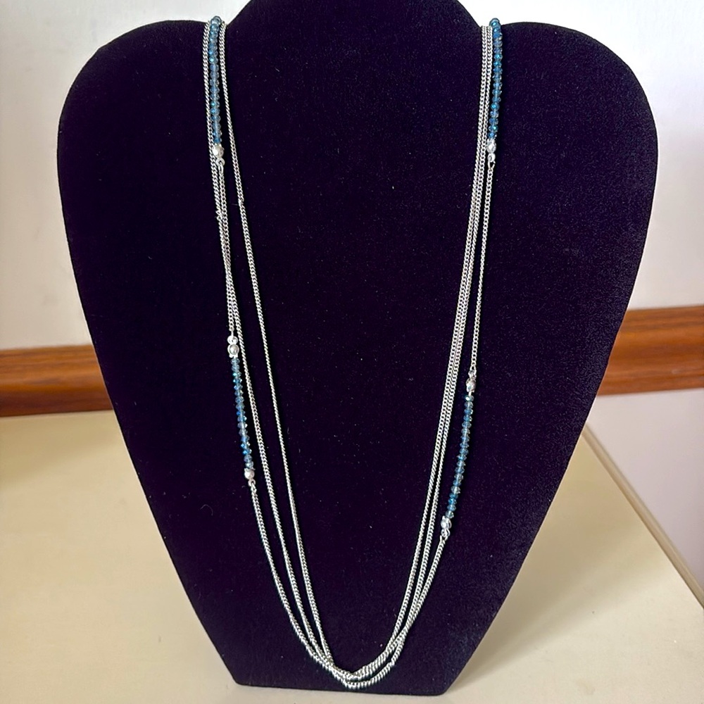 Kenneth Cole Triple Strand Silver Station Necklace with Blue Swarovski crystals
